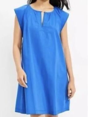 LOFT Blue Flutter Sleeve Split Neck Swing Dress Cotton Modal Blend